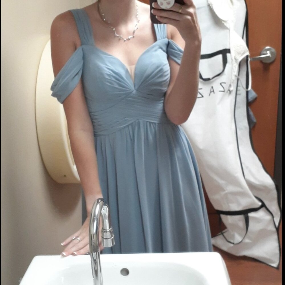 Bridesmaid Dress — Dusty Blue (Sweetheart neckline, off the shoulder)